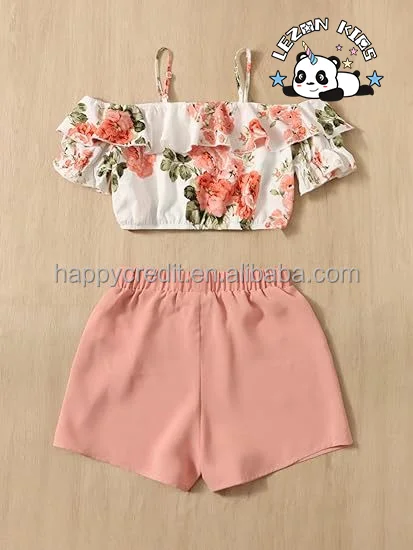 LEZONKIDS - Customizable Hot Sale 2 Piece Outfits Floral Cold Shoulder Ruffle Short Sleeve Crop Top and Shorts Set for Girls